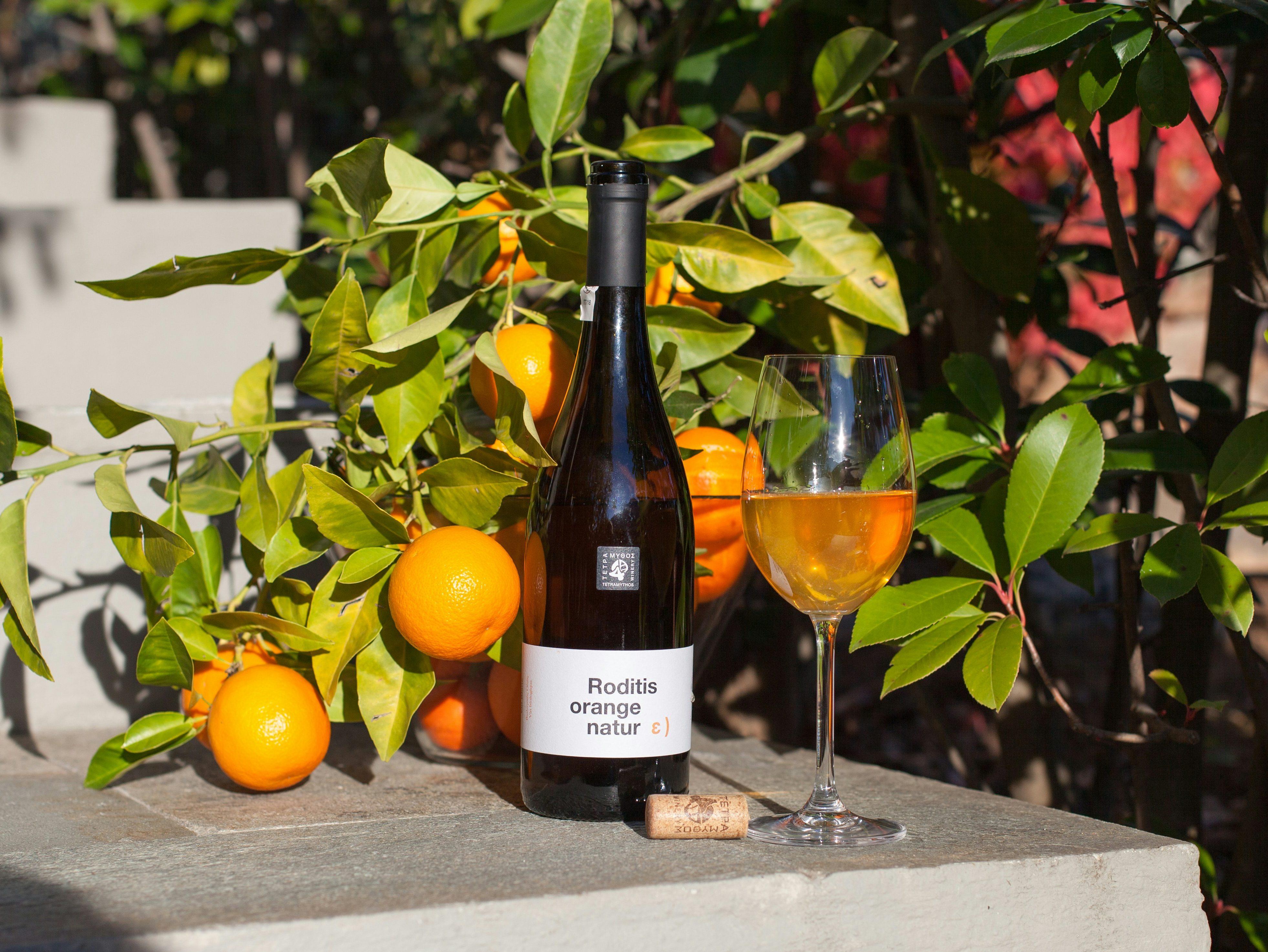 A bottle of Roditis orange wine placed next to ripe oranges and a filled wine glass on a stone surface, surrounded by green leaves.